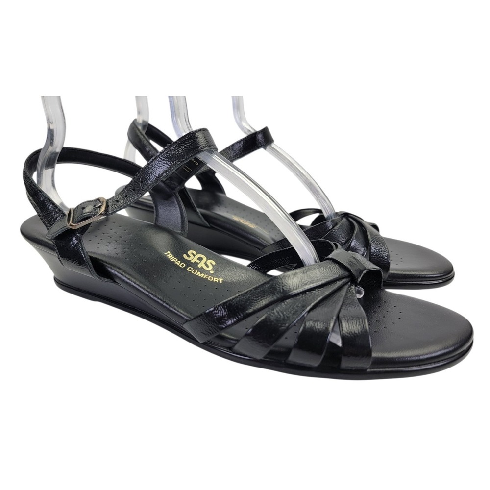 SAS Women's Strappy Quarter Strap Black Patent Leather Wedge Sandals Size 11 S
